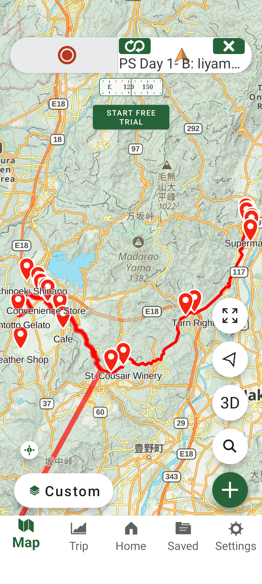 Route and place markers displayed on the Gaia map