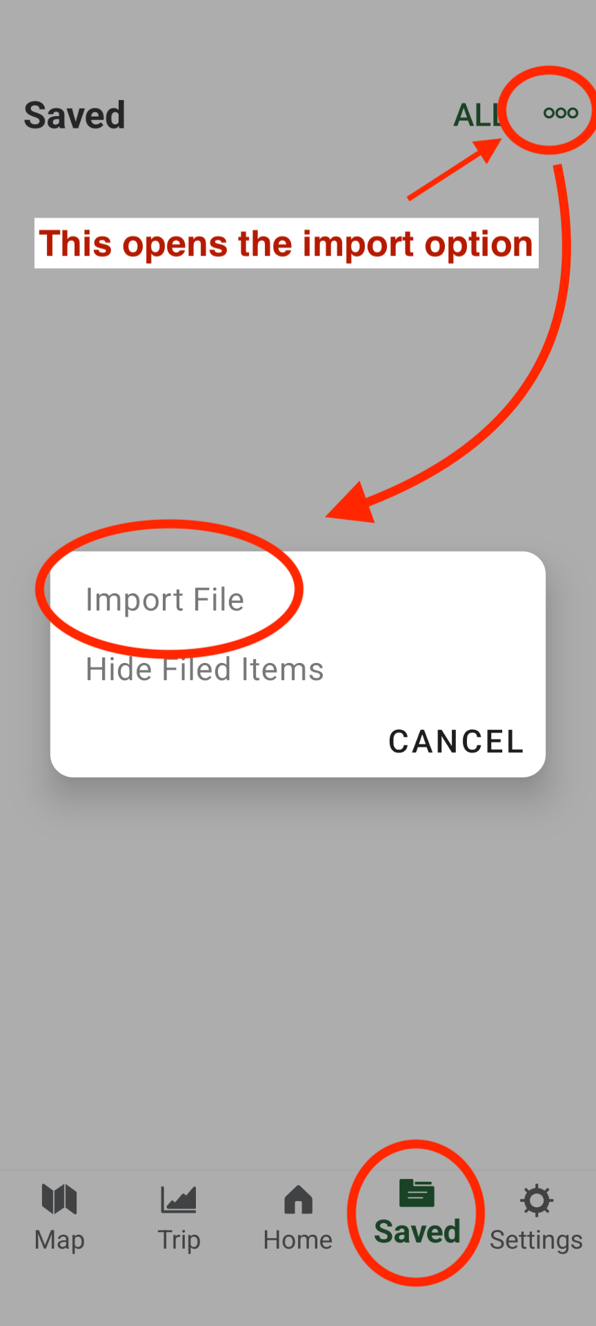 Open the Import File option in Gaia GPS