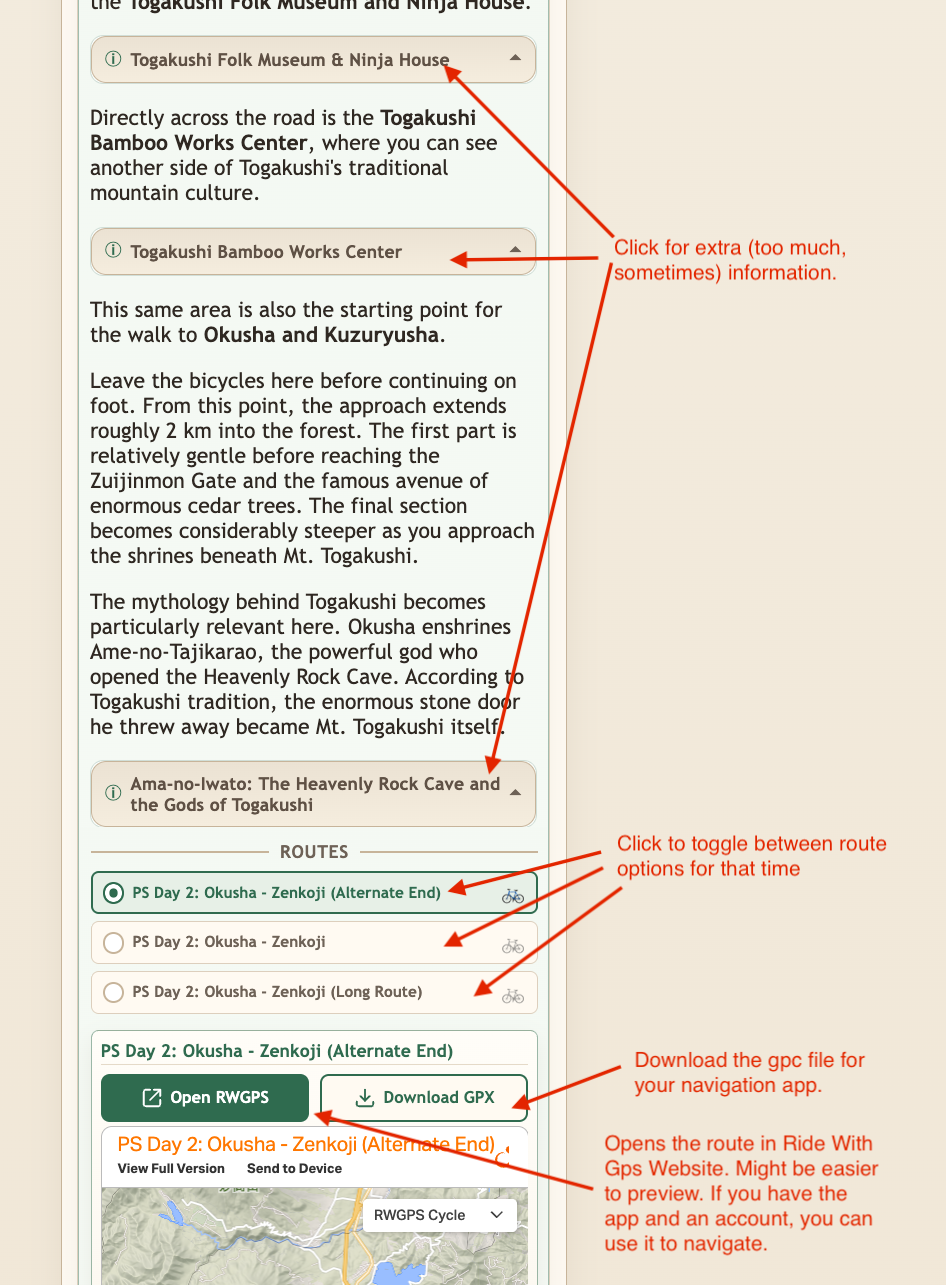 Quick reference for additional information and route choices
