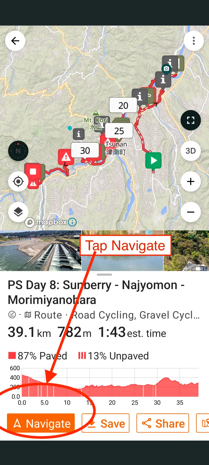 Tap Navigate to start following the route